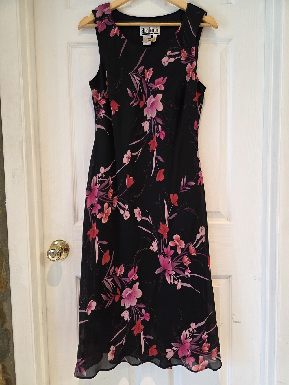 ​Vintage Sheri Martin Y2K 90s Black Pink Floral Mesh Overlay Midi Dress Size 12